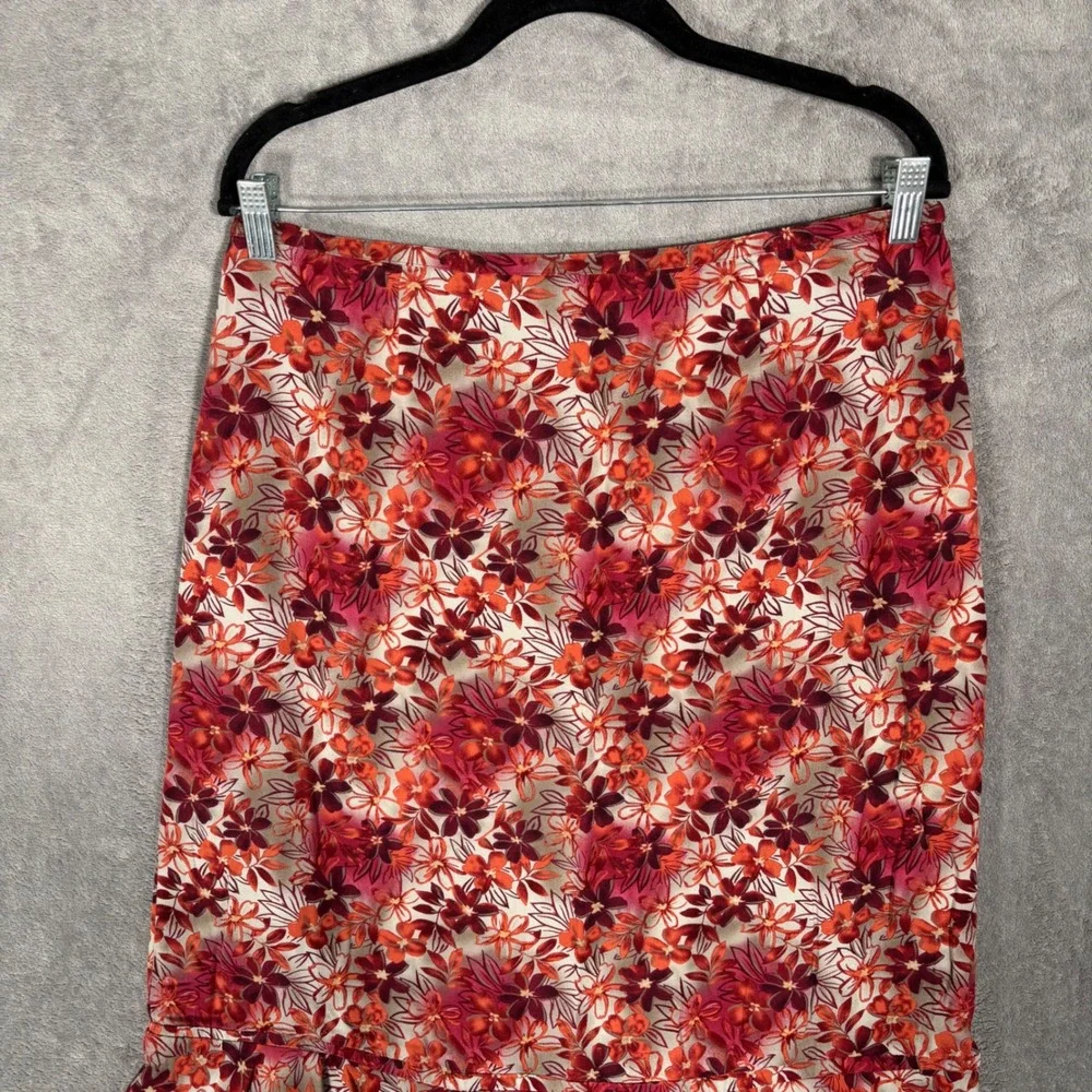 Vintage Christopher & Banks Midi Skirt Women Size 12 Red Floral Ruffle Hem Fairy